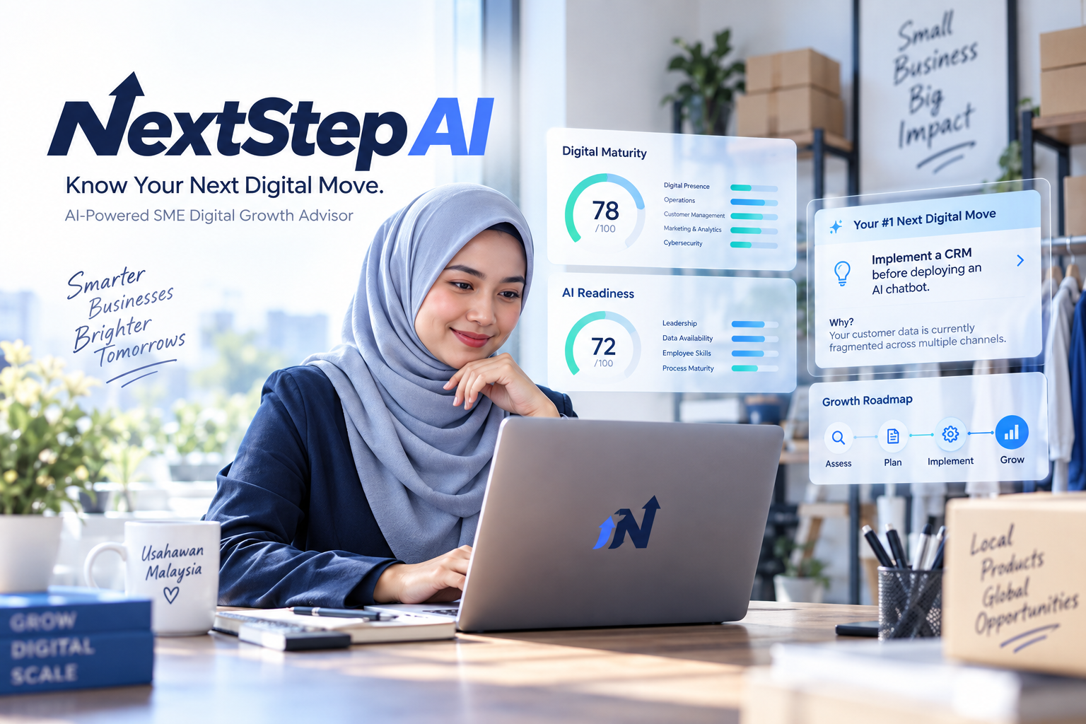 NextStepAI digital maturity, AI readiness and next move dashboard preview